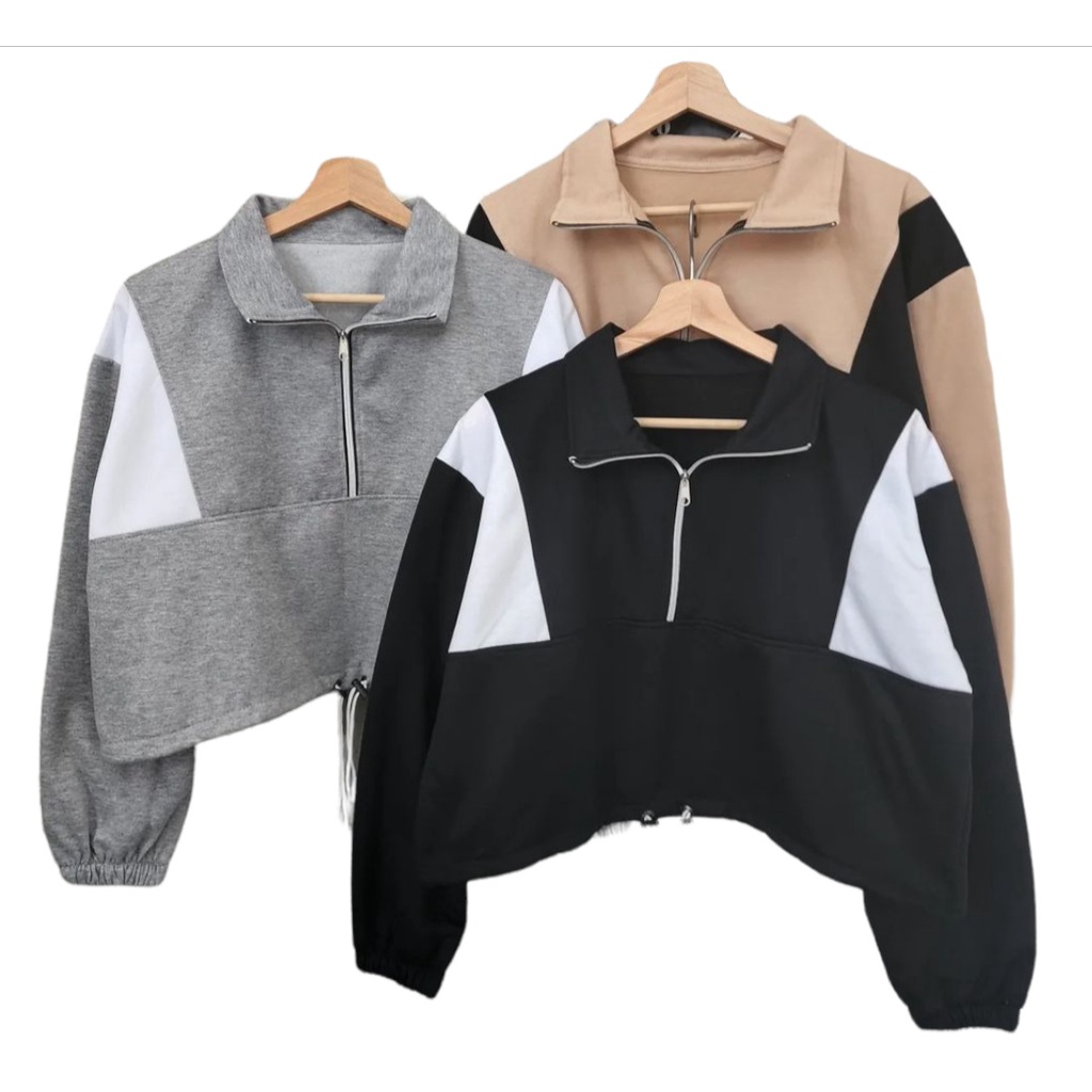 INDIE CROOPE Sweater Zipper Kerah Tinggi | 2 Tone Jacket Wanita Terbaru Stylish Desain Modern Fashion Kekinian