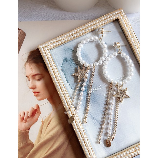 LRC Anting Tusuk Fashion Gold Geometric Pearl Fringed S925 Silver Pin Star Full Diamond Earrings F57