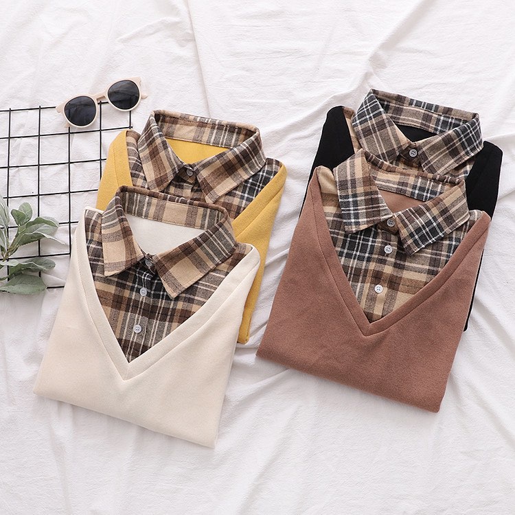 COD | Wafel Blouse l Atasan Top Blus Mix Flanel Kotak Fashion Wanita