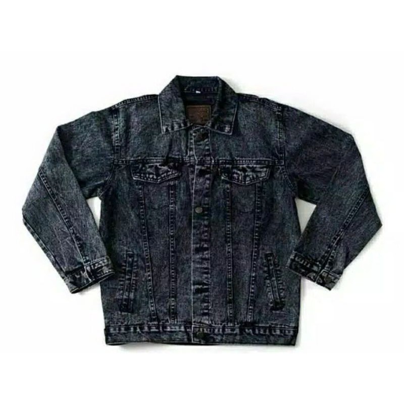 JAKET JEANS PRIA WANITA UNISEX MOTIF SANDWASH BLACK BAHAN JEANS