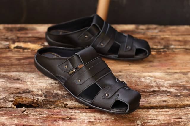 Sandal Bustong Tutong Pria Slip On Slop Kulit Sapi Asli Putih Casual Santai Jalan Formal Keren Trendy Original