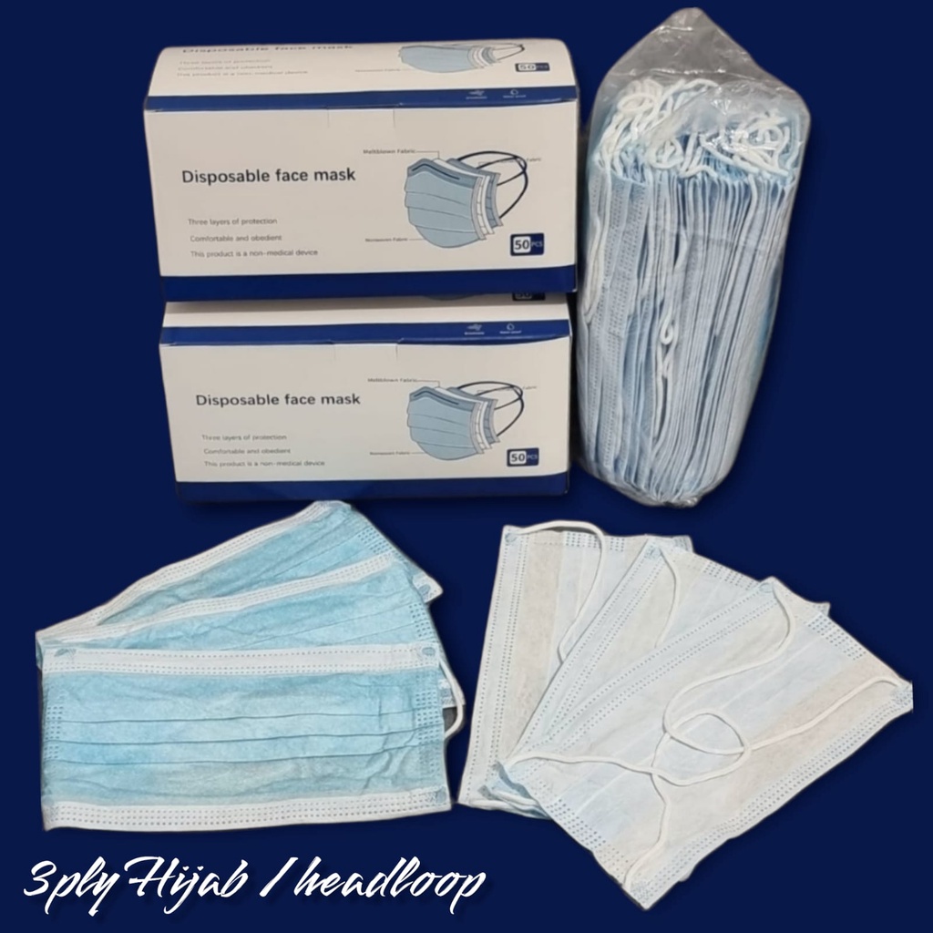 MASKER HIJAB HEADLOOP PP NON WOVEN DISPOSABLE FACEMASK 3PLY MEDICAL GRADE