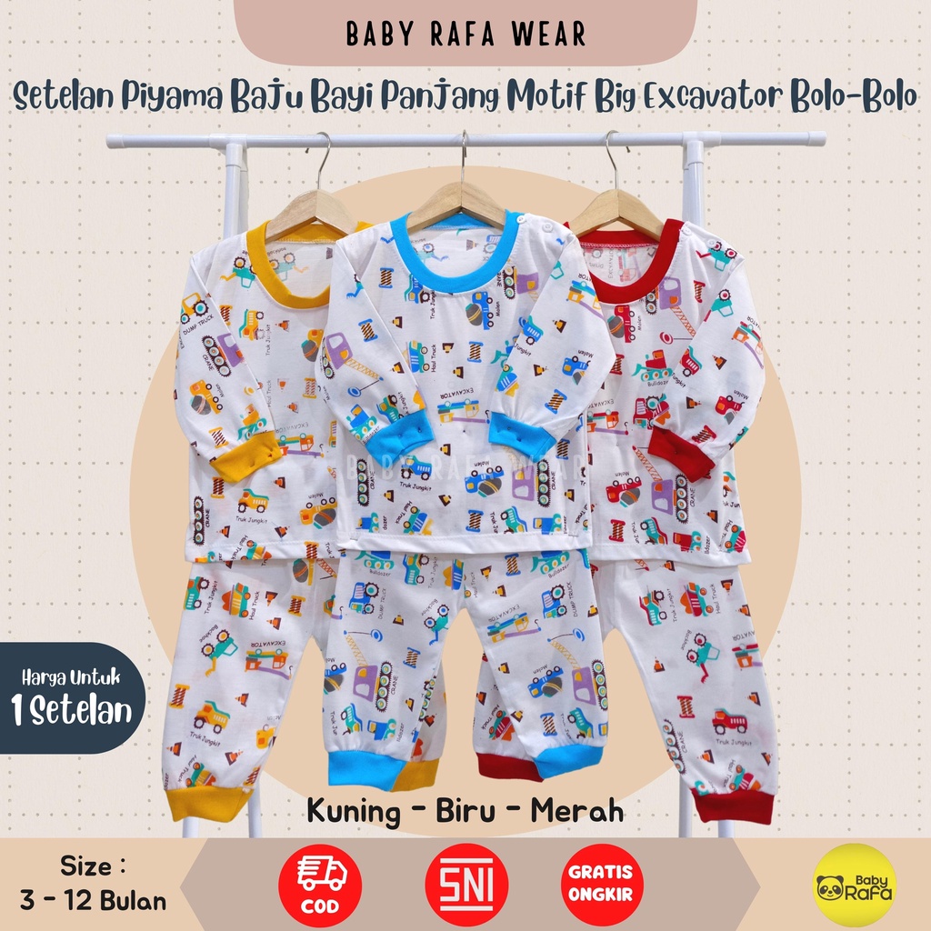 Setelan Piyama Baju Bayi Panjang 3 - 18 Bulan merk Bolo - Bolo SNI motif BIG EXCAVATOR BULLDOZER TRUCK