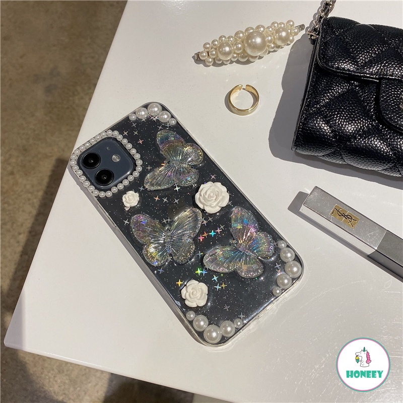 Luxury Glitter Pearl Butterfly Clear Phone Case compatible for Iphone Xr 7Plus 8Plus X XS 14 13 11 12 Pro Max Shock Resistant Soft TPU Back Cover