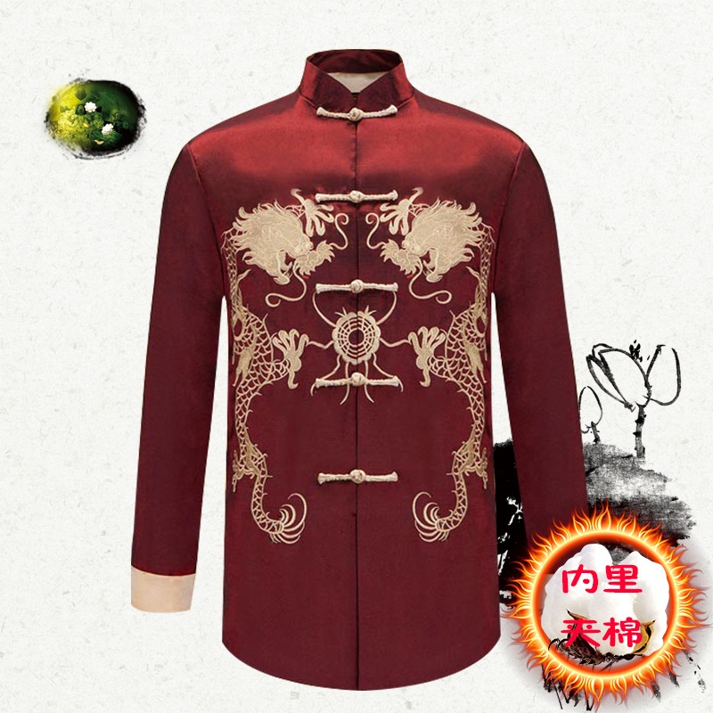 Atasan Cheongsam Pria Lengan Panjang Merah Hitam Abu Hijau Atasan Kerah Tegak