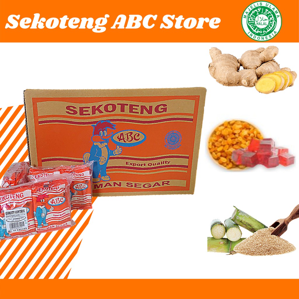 

Sekoteng ABC Sari Pati Jahe Asli Gula Tebu Buahan Kering Kemasan Dos Karton Isi 50 Pack