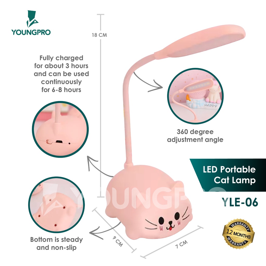 YOUNGPRO YLE-06 Cat YLE07 Deer  - Lampu Belajar Kucing &amp; Rusa Lucu Leher Flexibel Rechargeable di Charge Ulang Kado Unik Lucu Untuk Anak Perempuan Pacar