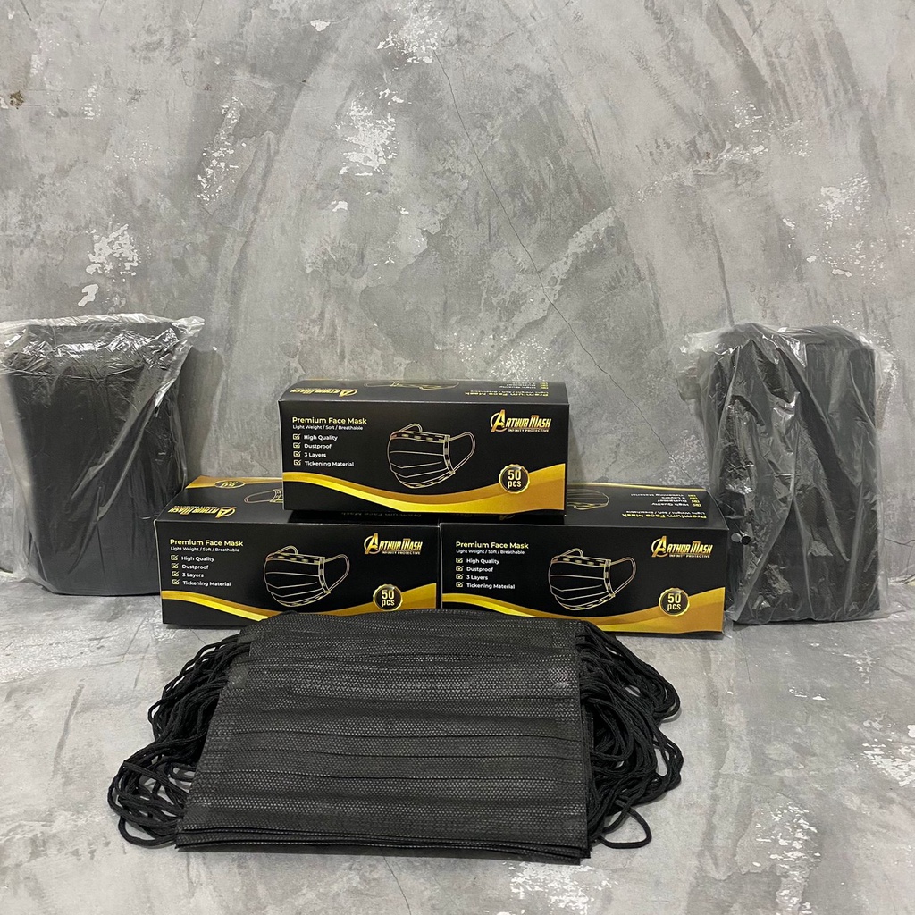 Masker Earloop Hitam Arthur Isi 50 Pcs