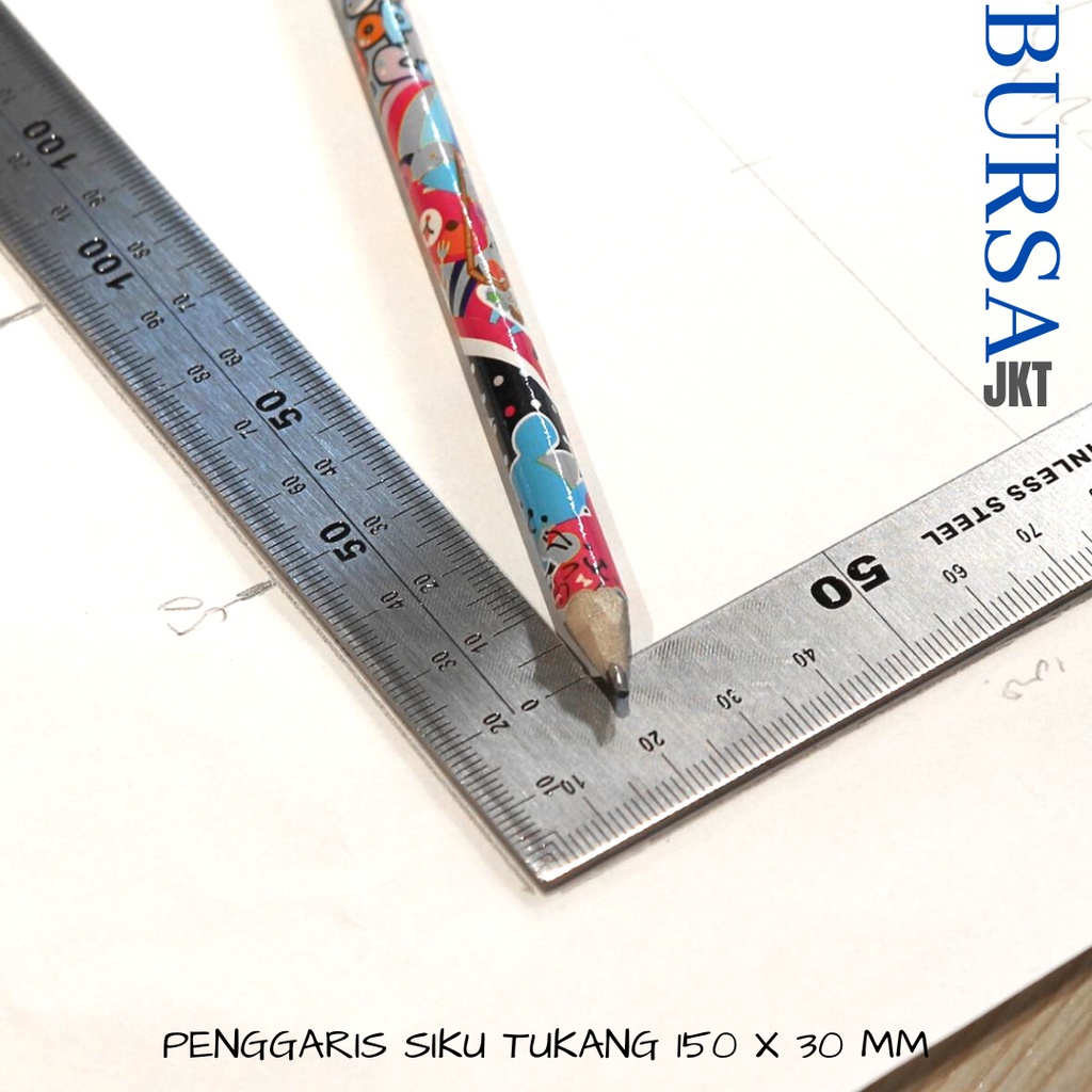 PENGGARIS SIKU 90 DERAJAT STAINLESS STEEL 15OMM X 30 CM ALAT PERTUKANGAN DUA SISI PRESISI