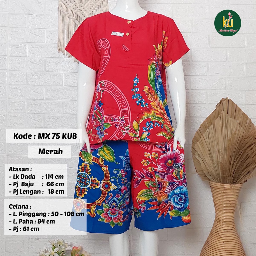 Bisa COD MX75 KUB | Setelan Kulot Celana Pendek Batik Kencana Ungu Asli Label Biru | Baju Santai Piyama Tidur Wanita Kancing Depan Busui Friendly Motif Terbaru-Merah B