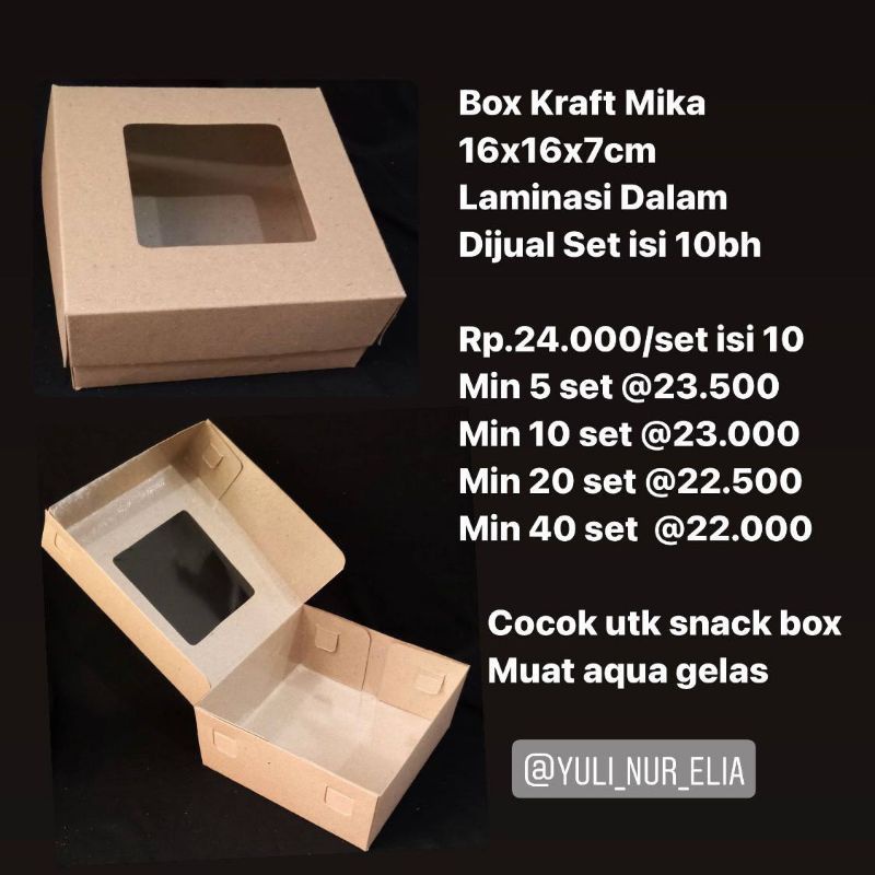 

Box Kraft Mika 16x16x7cm Laminasi Dalam Dijual Set isi 10bh