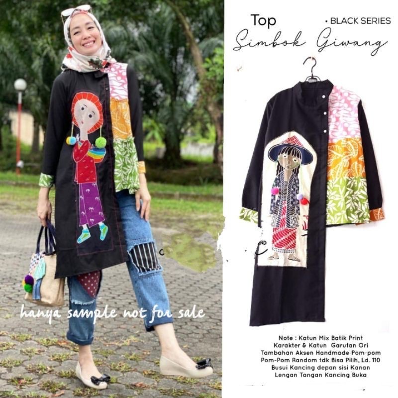 [PREMIUM] Top Simbok Giwang Batik Warna HITAM Asimetris Pompom Atasan Oxford Kombinasi Kerja Casual Modern Solo Pesta