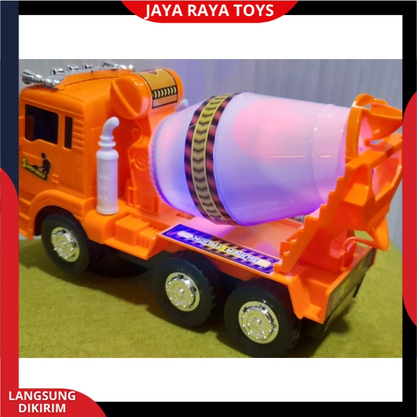 Mainan Anak Mobil Truk Construksi Mixer Molen Cement Bump And Go Pakai Baterai Berlampu Dan Bersuara