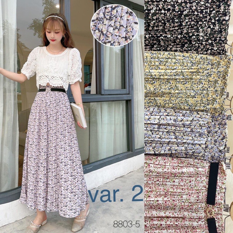 [Bisa COD] Classic Retro Flower Pleated Skirt Import Premium + Belt