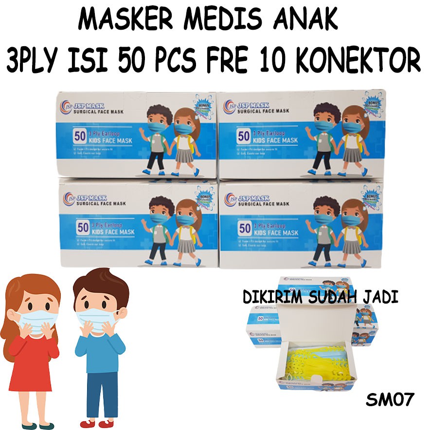 Masker Medis Anak JSP MASK 3PLY ISI 50 PCS FREE 10 KONEKTOR/ Masker Anak JSP SM07