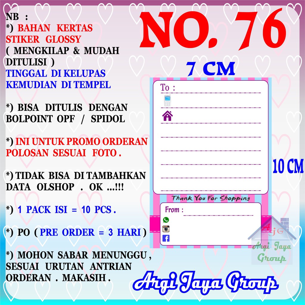

Promo!Stiker Label Pengiriman Polosan No = 76 (10x7cm) 1 Pack = 10 Pcs