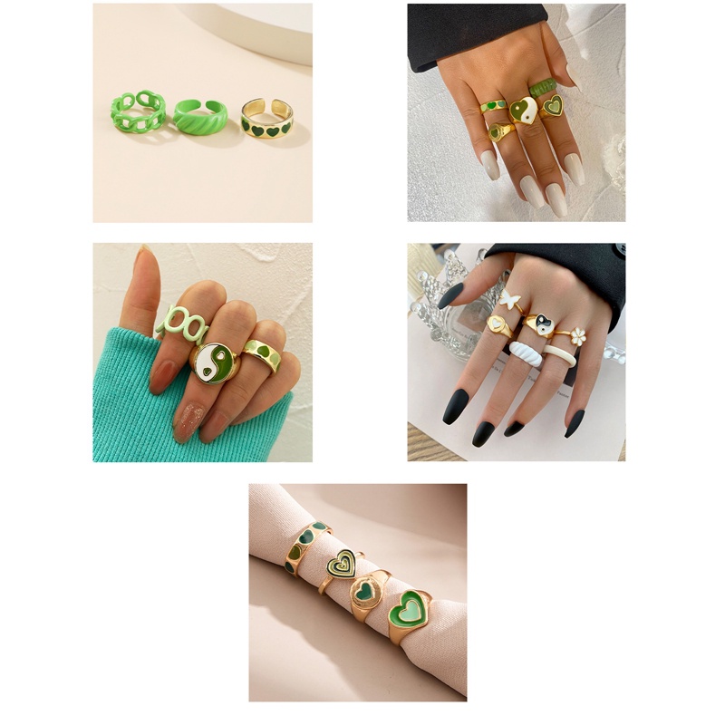 1 Set Cincin Desain Bordir Hati Warna Hijau Bahan Metal Untuk Wanita