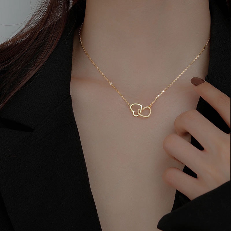 Kalung Rantai Choker Liontin Hati Ganda Bahan S925 Silver Gold Gaya Korea Untuk Wanita