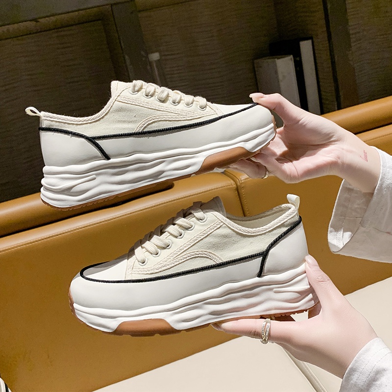 Sepatu Kets Sneakers Putih Wanita Perempuan Cewek Sekolah Korea Kasual Sepatu Olahraga Kanvas Checkerboard Sol Karet Tali Import Murah Casual Fashion White Beige Sport Shoes - Ukuran 35 36 37 38 39 40-6