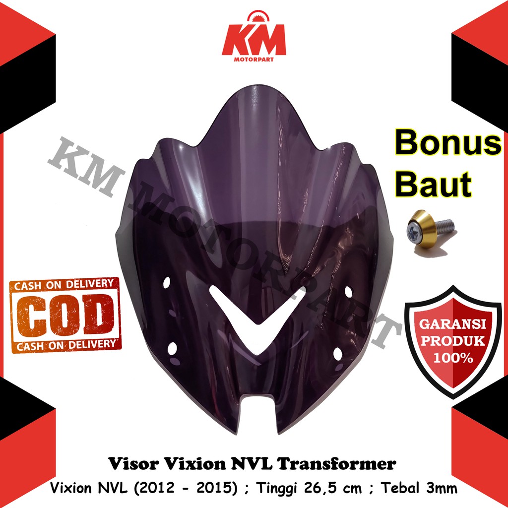 Visor Windshield Vixion NVL 2012 2013 2014 Hitam dan Bening Model Transformer Tebal 3 mm