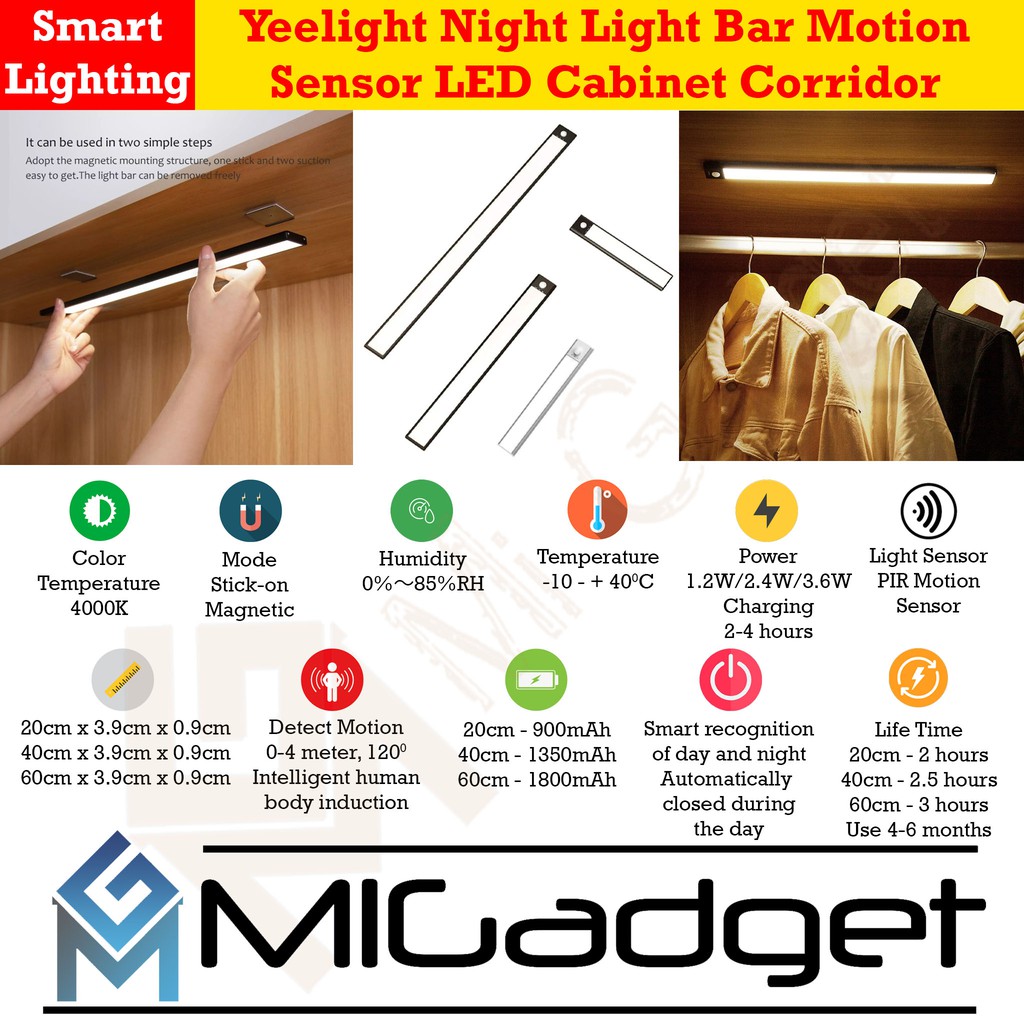 Yeelight Night Light Bar Motion Sensor LED Rechargable Cabinet Corridor Wardrobe