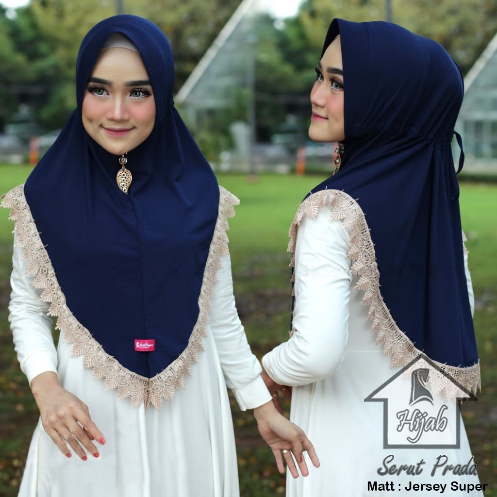 GROSIR Jilbab Instan Serut Prada Hijab Bergo Renda Import Terbaru dan Termurah RUMAH HIJA'B-Navy