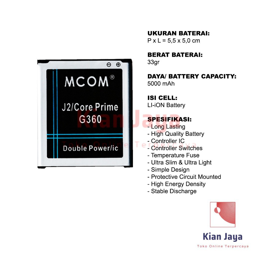 MCOM Baterai HP Samsung J2 2015 2016 J200G Core Prime G360 Original Double Power Batre Battery Ori