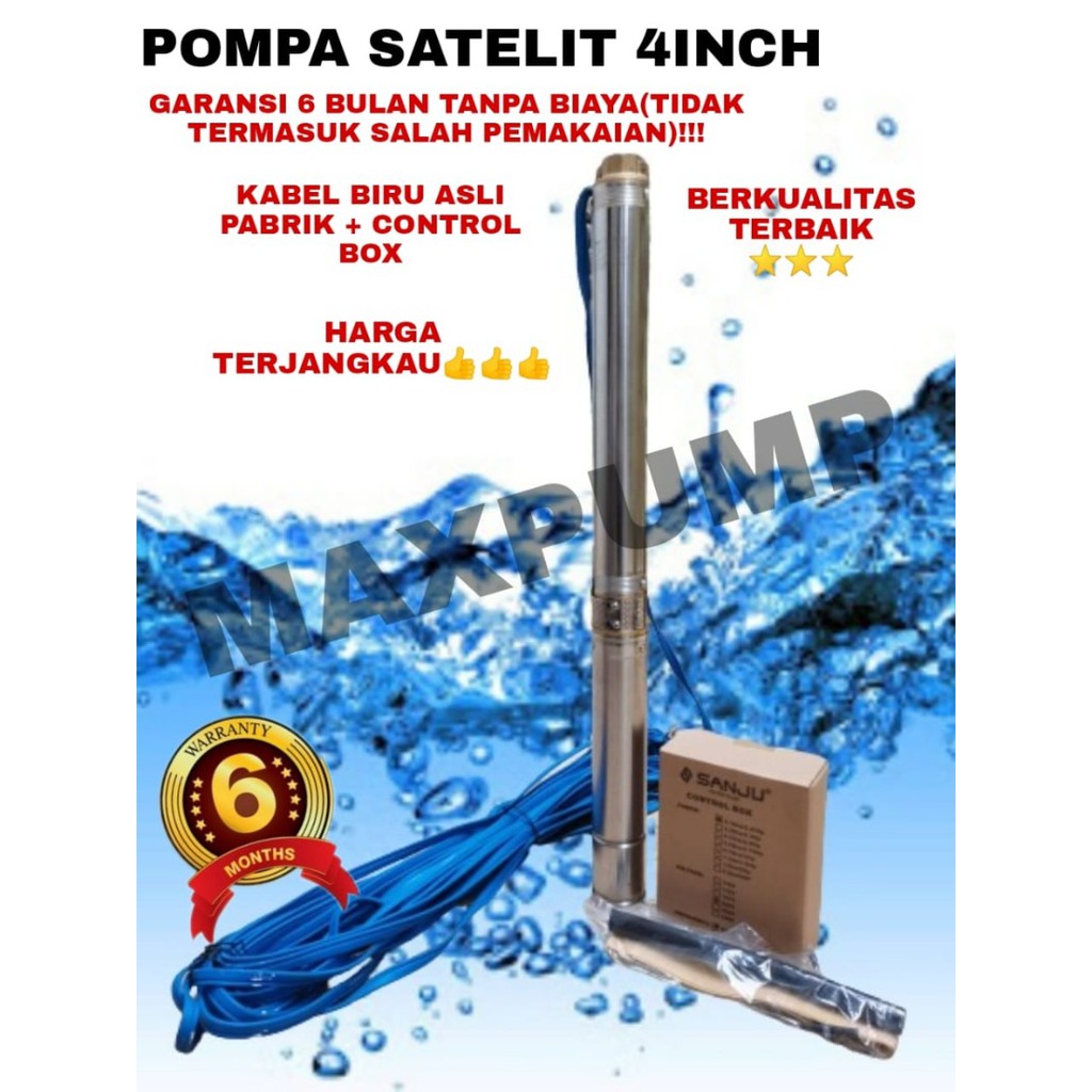 MAXPUMP 4SDM3/06+kabel 40m Pompa Satelit 4inch 0.5hp 370Watt Pompa Submersible Sumur Dalam kabel biru 40meter