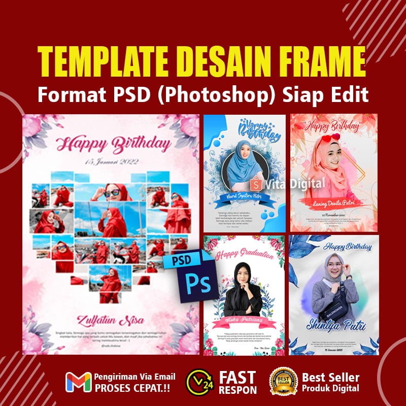 Template Frame Ultah, Wedding, Graduation Format PSD Photoshop