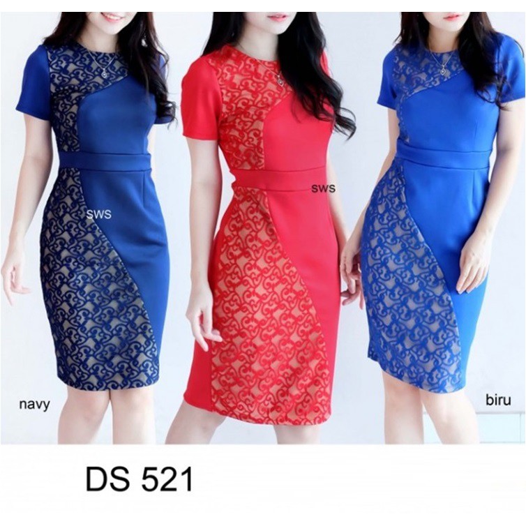 DS521 - DRESS PESTA BRUKAT LACE MIDI SCUBA BODYCON SEPAN PREMIUM NATAL MURAH GROSIR