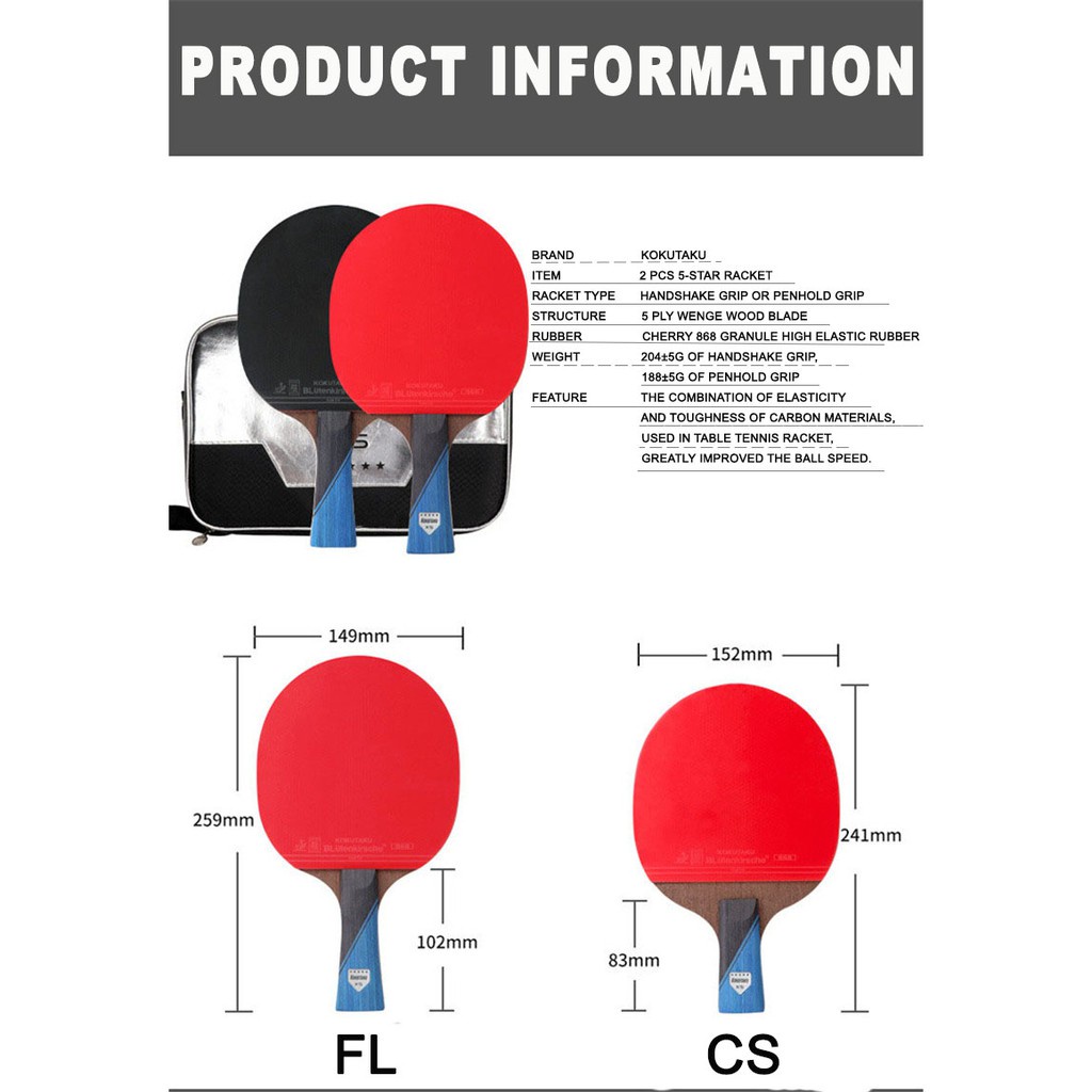 Kokutaku 5-Star Raket Tenis Meja / ping pong Profesional Bahan Karet Karbon Fiber 868