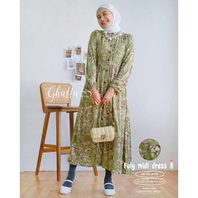 FULY MIDI DRESS BY GHAFFA THE LABEL / MIDI WANITA MUSLIMAH / motif bunga rayon viscose uniqlo