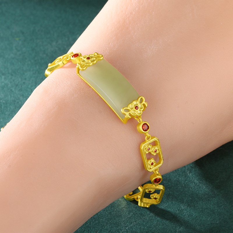 Gelang Giok Hetian Bentuk Persegi Lapis Emas Emas Asli Kadar 375Gaya Korea Untuk Wanita