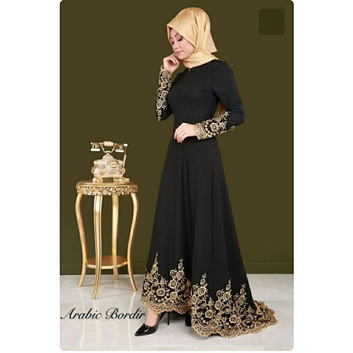 DRESS SABRINA KOREA CASUAL WANITA Arabic Bordier Maxy - Hitam YB796