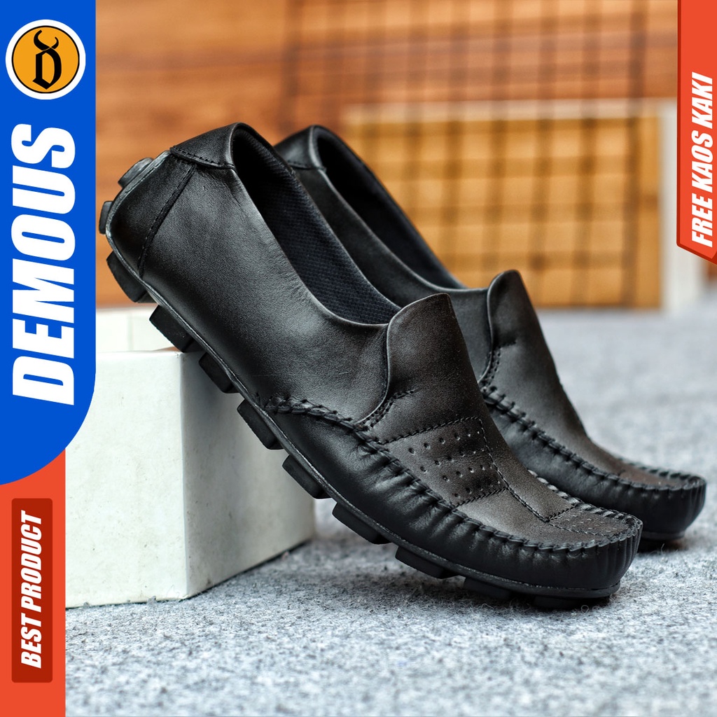 Sepatu Slip On Pria Sepatu Casual Pria Kulit Asli Kerja Kantor Kuliah Kondangan Sepatu Slop Pria Sepatu Hitam Pria DEMOUS GRECKO