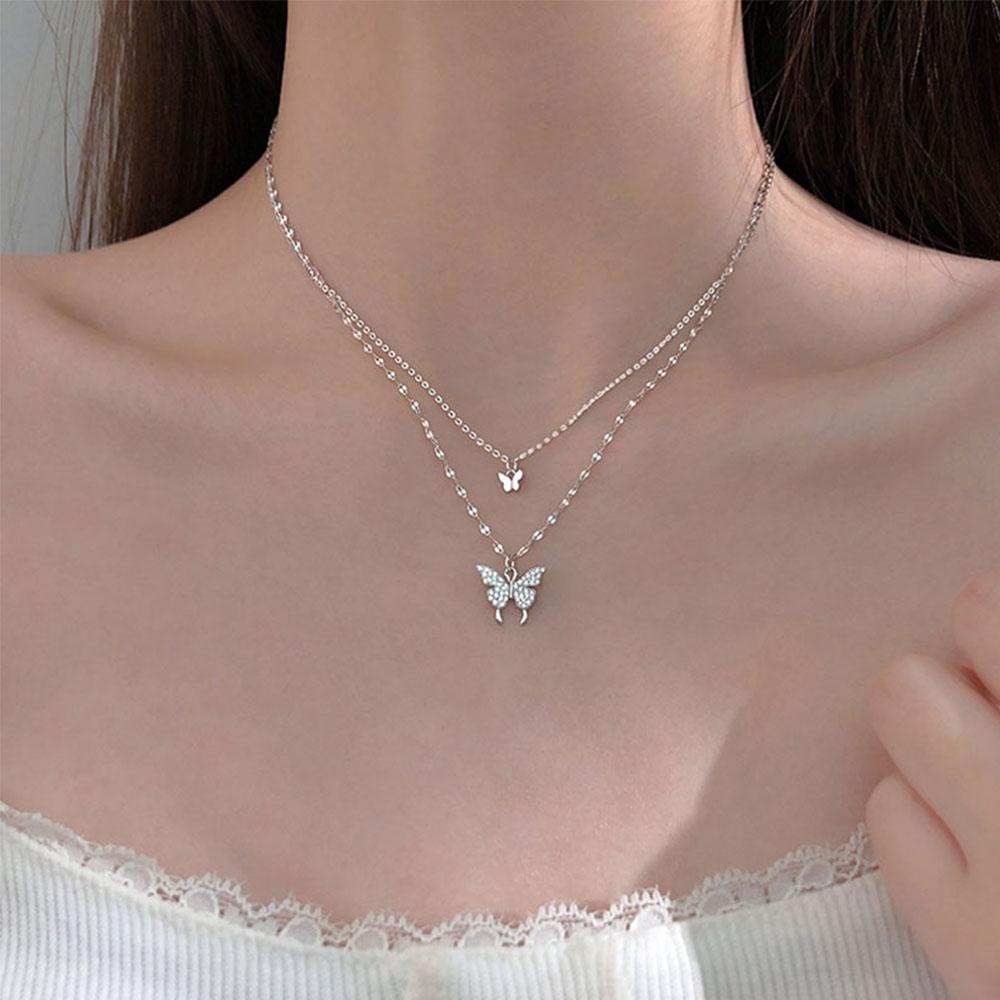 Agustina Kalung Kupu-Kupu Wanita Hadiah Shiny CZ Double Layer Butterfly Pendant Chocker