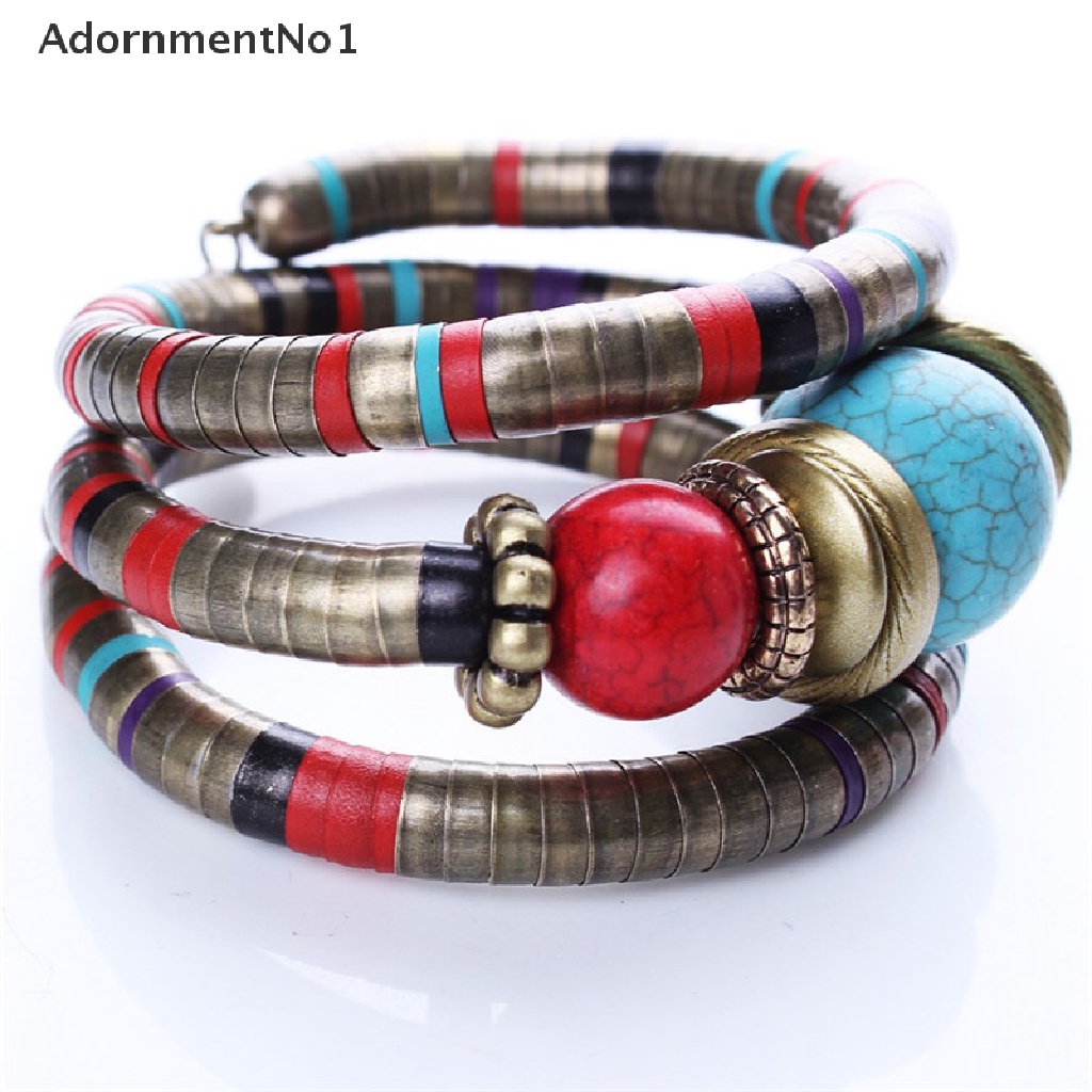 (AdornmentNo1) Gelang Bangle Silver Hias Manik-Manik Turquoise Imitasi Gaya Boho Untuk Wanita