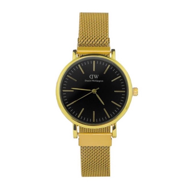 BAJ JAM TANGAN WANITA ANALOG RANTAI CASUAL MAGNET MURAH GROSIR FASHION KOREA PRIA COUPLE DD023-GOLD PLAT HITAM