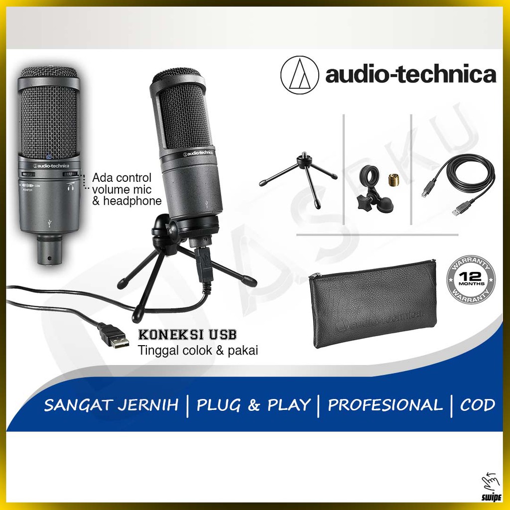 Mic Condenser Audio Technica AT2020 USB+ Mik Microphone Studio Original Rekaman Recording Youtuber