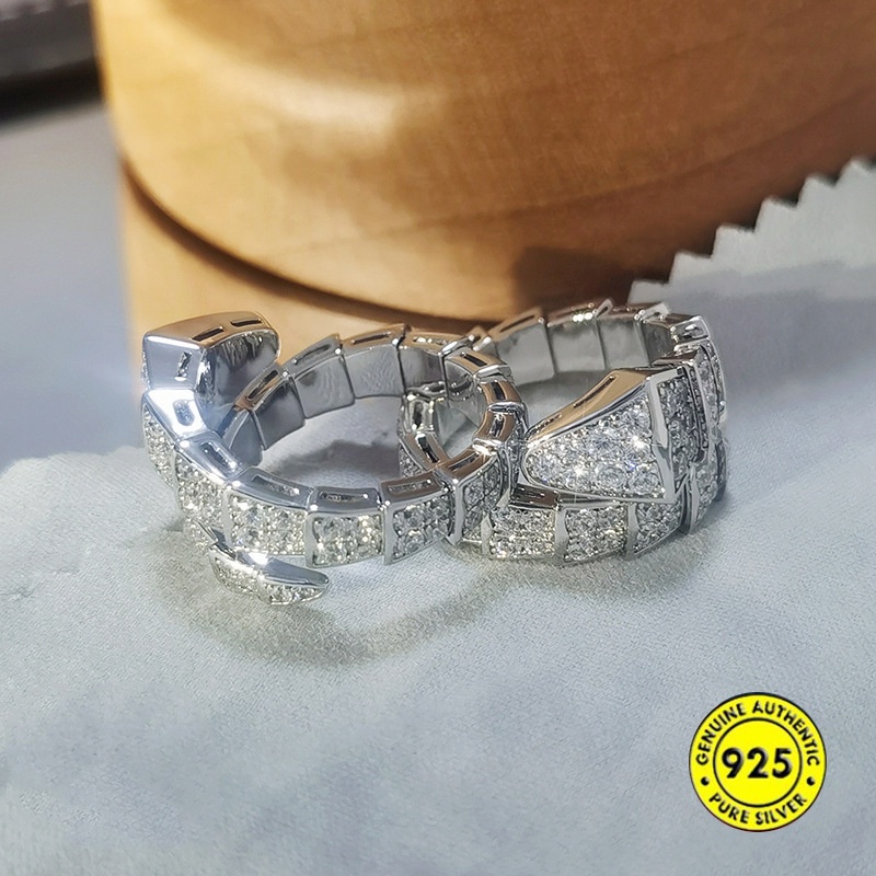 Cincin Jari Telunjuk S925 Silver Model Terbuka Dapat Disesuaikan Motif Kulit Ular Aksen Berlian Imitasi Untuk Unisex