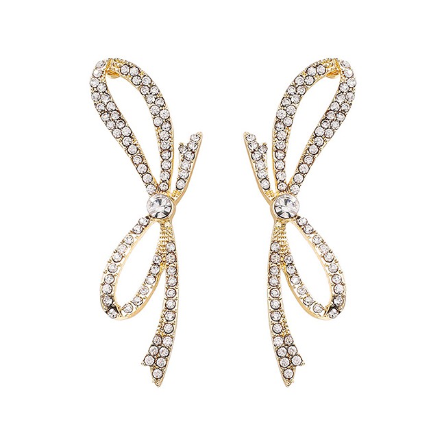 LRC Anting Tusuk Fashion Golden Rhinestone Bow Irregular Earrings D82466