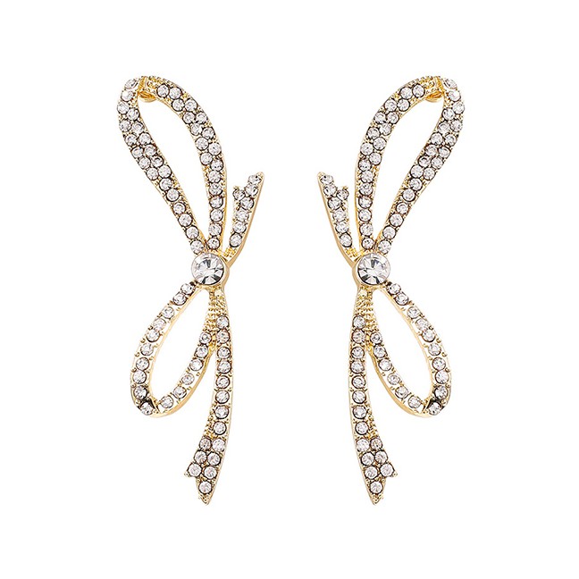 LRC Anting Tusuk Fashion Golden Rhinestone Bow Irregular Earrings D82466