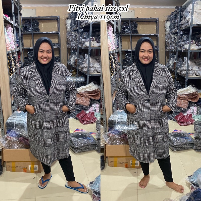 S-8XL Long wool coat wanita jaket winter cewek jumbo plaid mantel women panjang korea big size