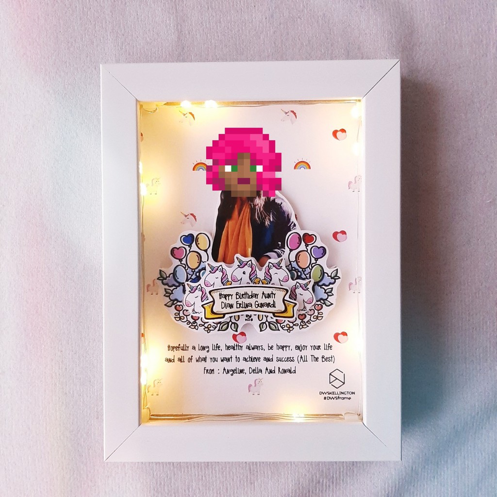 Bingkai UNICORN Kado Ultah Hadiah Romantis Pop Up Frame SMALL + LAMPU Doodle Art