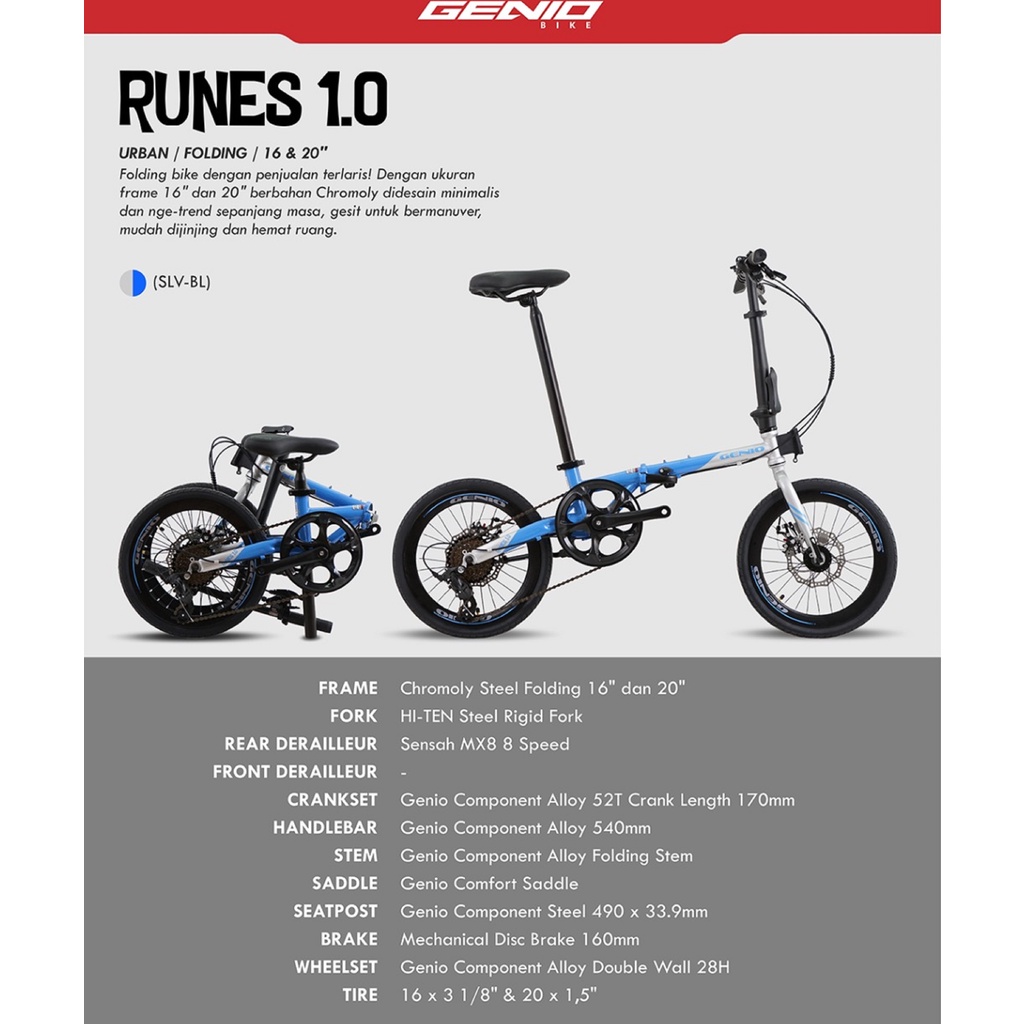 Sepeda Lipat Genio Runes 1.0 Chromoly Sensah 8 Speed Cakram 16 dan 20 inch SNI-4
