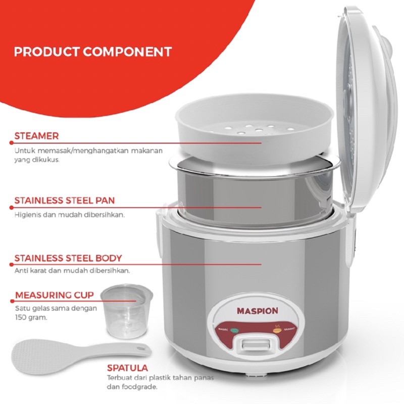 [ Maspion ] Magicom / Rice Cooker Maspion MRJ 1808 MS / SS - 1.8 Liter - Stainless Body &amp; Inner