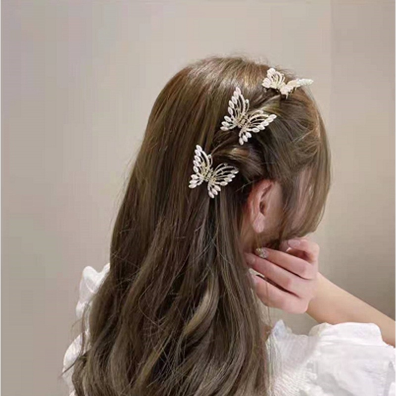 [Harga Grosir]Jepit Rambut Bentuk Kupu-Kupu 3D Bahan Metal Aksen Mutiara Untuk Wanita/Hot Sale