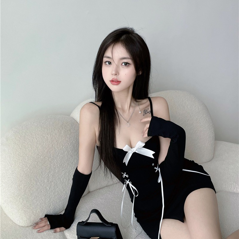 gaun gaya korea wanita split suspender dress hitam backless busur tas rok pendek pinggul