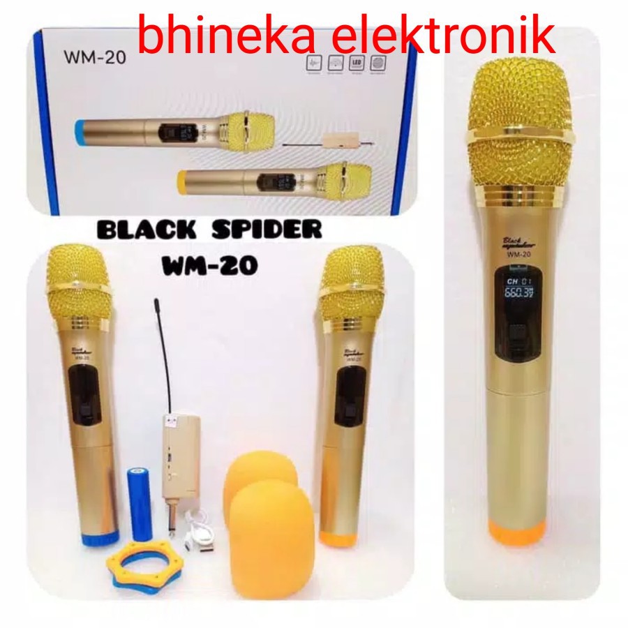 mic wireless black spider WM20 / WM 20 2 mic pegang gold