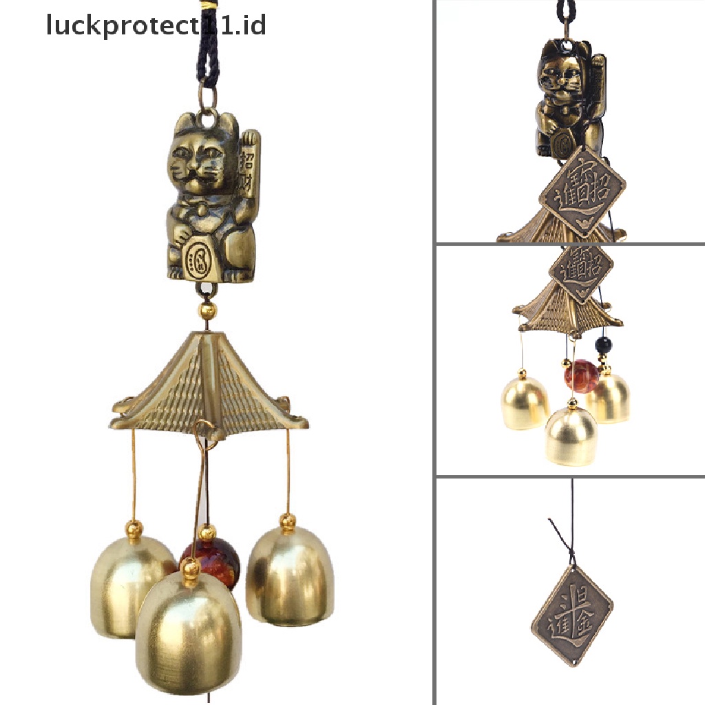 // Hg &amp; ID// Liontin Lonceng Angin Logam Tembaga Dekorasi Pintu Lucky Cat Feng Shui Pendant